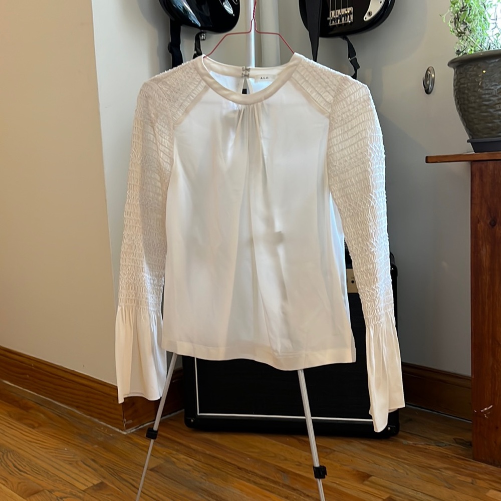 100% Silk Smocked-Sleeve Blouse